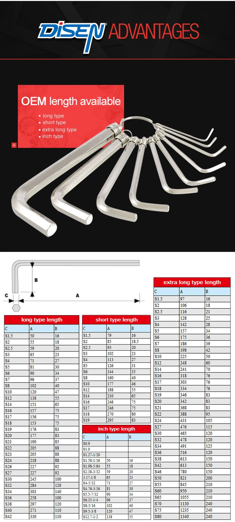 9PCS Carbon Steel Middle Long Hex Torx Key Wrench Set